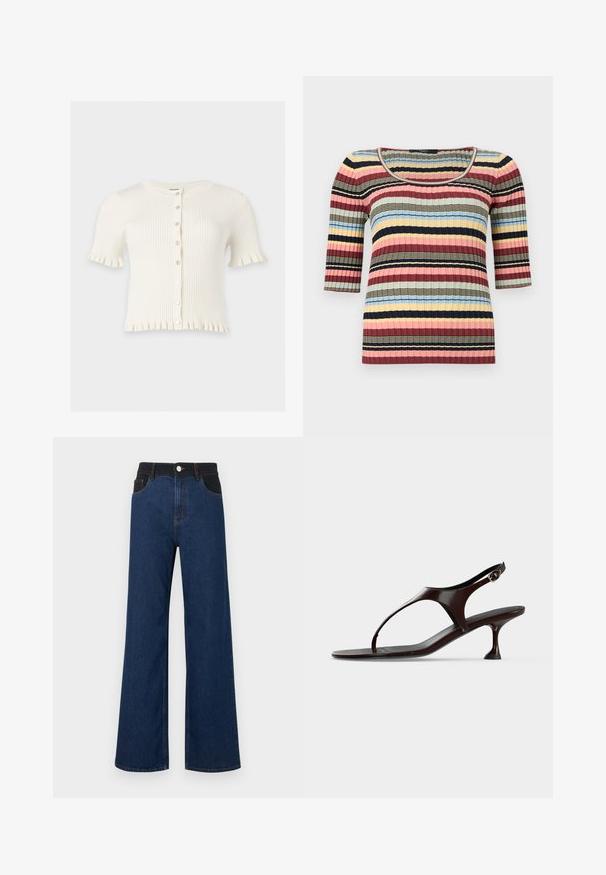 Cardigan blanc côtelé à manches courtes avec encolure ronde, boutonnage devant et bords froncés sur les manches et l’ourlet.; Haut ajusté en maille côtelée avec manches aux coudes, encolure arrondie et rayures horizontales bleu marine, rose, jaune, bleu et beige.; Jean large taille haute en denim foncé et noir avec poches avant, bouton et passants de ceinture sur fond blanc.; Sandale slingback en cuir verni marron foncé avec petit talon et bride entre les orteils sur fond blanc.