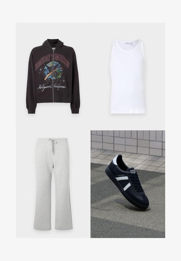 Zwarte zip-up hoodie gemaakt van katoen, met een grafisch ontwerp en de tekst "SOMEDAY TOMORROW" en "Hollywood, California" op de voorkant.; Witte katoenen tanktop met ronde hals en brede banden. Gladde textuur, geen patronen, schoon ontwerp en een merklabel op de halslijn.; Lichtgrijze sweatpants van een katoenmix met rechte pijpen, elastische tailleband, trekkoord en zijzakken, plat getoond op een witte achtergrond.; Zwarte leren sneaker met witte strepen, een gestructureerde rubberen zool en vetersluiting aan de voorkant. Voorzien van een merklabel op de tong.