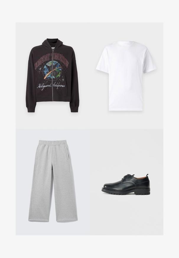 Sort zip-up hoodie lavet af bomuld, med et grafisk design med teksten "SOMEDAY TOMORROW" og "Hollywood, California" på forsiden.; Hvid kortærmet t-shirt lavet af bomuld med rund hals, der har en glat tekstur og et simpelt design uden mønstre eller accenter.; Lysegrå sweatpants med vide ben, elastisk linning og sidelommer vist på en ensfarvet baggrund.; Sorte læder derby-sko med en glat overflade, rund tå, snøre-design og en tyk, robust gummisål.