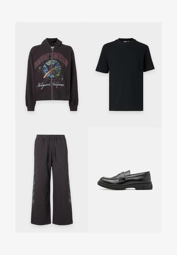 Sort zip-up hoodie lavet af bomuld, med et grafisk design med teksten "SOMEDAY TOMORROW" og "Hollywood, California" på forsiden.; Sort kortærmet ribstrikket T-shirt med rund hals og et lille synligt mærke indeni kraven.; Sorte, bredbenede sweatpants med elastisk talje, med en flammendesign på siden i grå, prydet med små rhinsten.; Sort læder loafersko med en bred rem over forfoden, gummisål med tykke mønstre og glat overflade. Klassisk, slankt design.