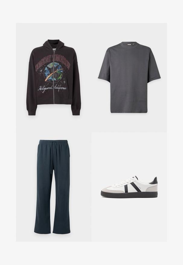 Sort zip-up hoodie lavet af bomuld, med et grafisk design med teksten "SOMEDAY TOMORROW" og "Hollywood, California" på forsiden.; Mørkegrå T-shirt med korte ærmer og rund hals, med enkelt design og glat stoftekstur.; Mørkegrå sweatpants lavet af blødt, strækbart materiale. Har en elastisk talje med justerbar snor og vide ben.; Hvide sneakers med sorte og grå detaljer, med en tekstureret grå tåhætte, sort gummisål og flade hvide snørebånd. Rent design, minimalistisk stil.