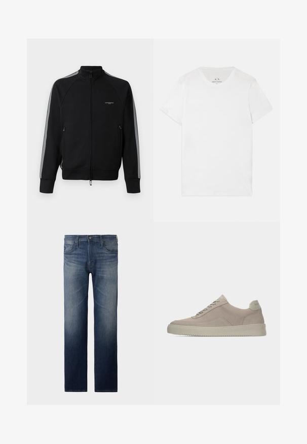 Schwarze Zip-Jacke mit hohem Kragen, grauen Seitenstreifen, zwei Reißverschlusstaschen, strukturiertem Stoff und minimalem Branding auf der Brust.; Weißes Baumwoll-T-Shirt mit klassischem Rundhalsausschnitt und kurzen Ärmeln. Besitzt ein dezentes Markenetikett im Kragen, keine weiteren Muster.; Gerade Jeans in dunkler blauem Waschung. Verfügt über fünf Taschen, Reißverschluss und Knopfverschluss. Leicht ausgebleichte Textur am Oberschenkel. Denim-Stoff.; Beige Wildledersneaker mit strukturierter Oberfläche, abgerundeter Zehenpartie und tonalen Schnürsenkeln. Verfügt über eine dicke Gummisohle und dezente Markenkennzeichnung an der Ferse.