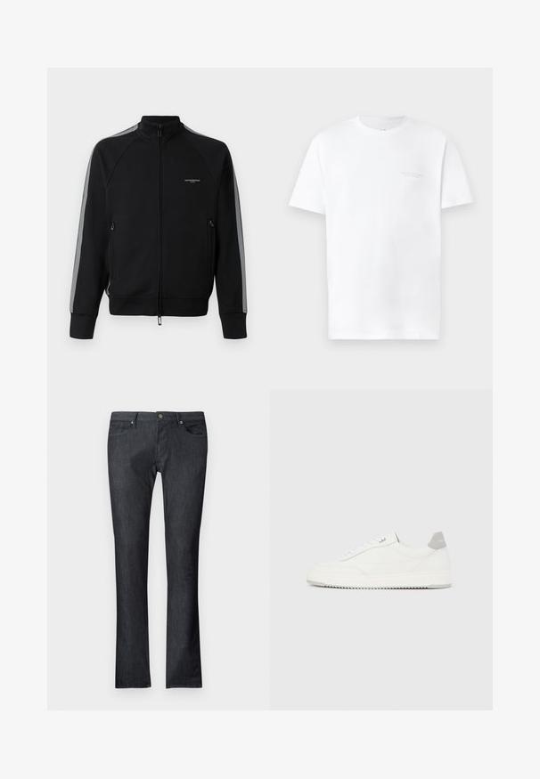 Veste à zip noir avec col montant, bandes latérales grises, deux poches zippées, tissu texturé et marquage minimal sur la poitrine.; T-shirt en coton blanc à manches courtes, encolure ronde, présentant un imprimé logo gris subtil sur la zone gauche de la poitrine et une texture lisse.; Jean en denim foncé avec une coupe droite, doté de poches avant et arrière, une fermeture à bouton métallique, et des détails de couture subtils.; Baskets basses blanches avec un onglet de talon gris, des lacets blancs et une semelle texturée, présentées sur un fond uni clair.
