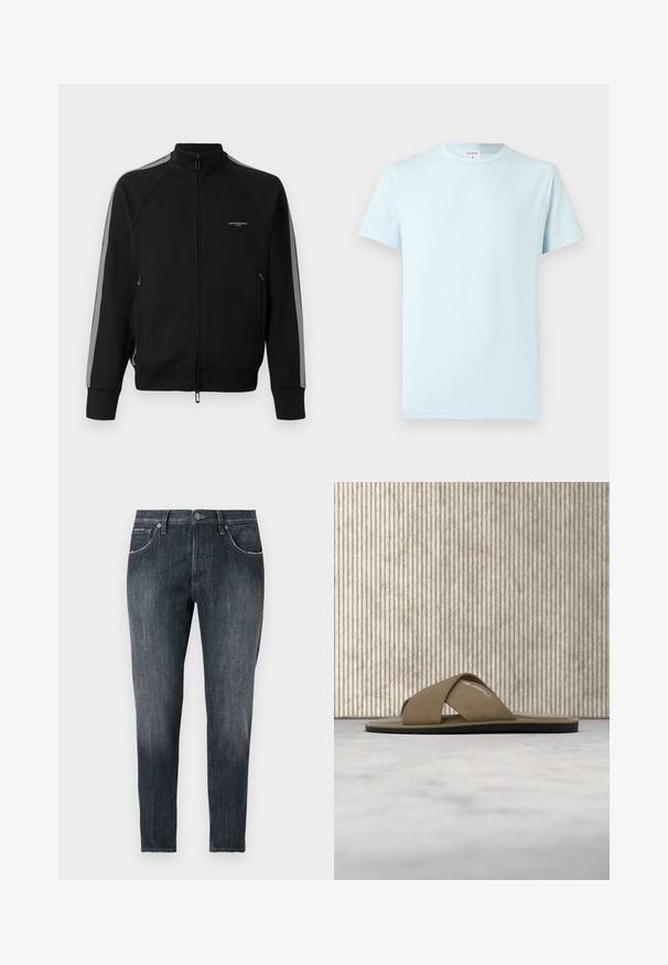 Sort hættejakke med lynlås og høj krave, grå side-striber, to lynlåslommer, tekstureret stof og minimal branding på brystet.; Lyseblå kortærmet T-shirt lavet af blød bomuld. Har en klassisk rund halsudskæring og et minimalistisk design uden mønstre eller detaljer.; Mørkegrå slim fit denimjeans med forreste knap, lynlås, fem lommer og subtile falmede detaljer på lår og knæ.; En enkelt beige slip-in sandal med krydsede stropper og "Karl Lagerfeld" mærkning, placeret på et lyst tæppe nær en brun cirkulær genstand.