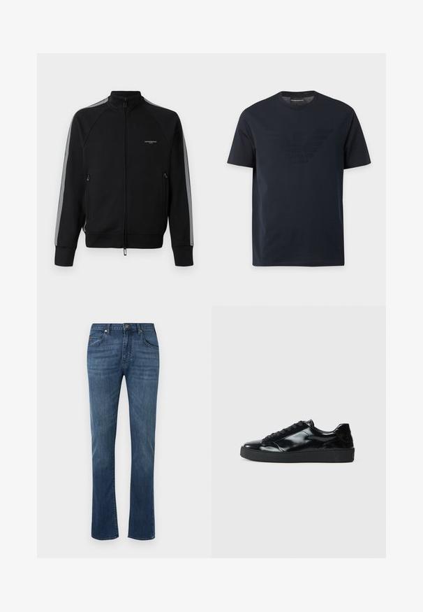 Schwarze Zip-Jacke mit hohem Kragen, grauen Seitenstreifen, zwei Reißverschlusstaschen, strukturiertem Stoff und minimalem Branding auf der Brust.; Schwarzes T-Shirt mit kurzen Ärmeln und Rundhalsausschnitt, mit einem dezenten, erhabenen Adler-Logo auf der Brust und einem Markenetikett innen im Kragen.; Blaue Jeans aus Denim mit geradem Bein, Gürtelschlaufen, Frontknopf, Reißverschluss und klassischem Fünf-Taschen-Design.; Schwarze Lackledersneaker mit runder Zehenform, Schnürdesign, strukturiertem Gummisohle und glatter Oberfläche.
