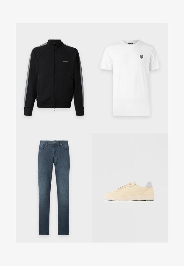 Zwarte zip-up jas met hoge kraag, grijze zijstrepen, twee met rits afgesloten zakken, textuurstof en minimale branding op de borst.; Witte katoenen t-shirt met korte mouwen, voorzien van een klein zwart logo op de linkerborst. Klassiek ronde hals ontwerp.; Donkere blauwe spijkerbroek met een rechte pijp, vijf zakken, knoopsluiting aan de voorkant en subtiele stikseldetails.; Beige lage sneaker met veters aan de voorkant, lichtroze zool en een grijze hieltab met het merk "Filling Pieces", zijaanzicht op een effen achtergrond.