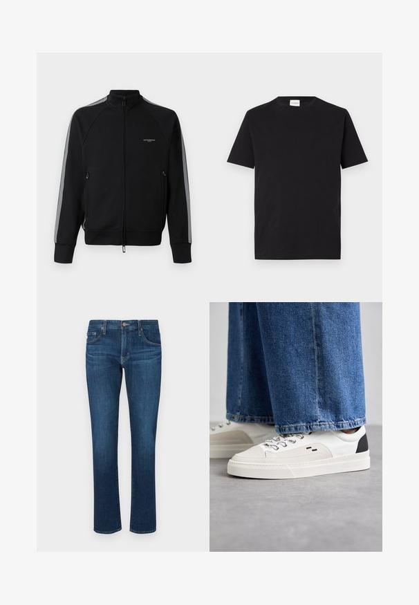 Veste à zip noir avec col montant, bandes latérales grises, deux poches zippées, tissu texturé et marquage minimal sur la poitrine.; T-shirt en coton noir avec un col rond et des manches courtes. Présente une coupe droite et un design minimal, avec une étiquette visible au niveau du col.; Jean en denim bleu foncé avec une coupe droite, style cinq poches classique et fermeture à bouton au niveau de la taille. Texture lisse.; Baskets blanches et noires avec une tige en cuir lisse, des accents texturés et une semelle épaisse blanche. Présentent un design classique à lacets.