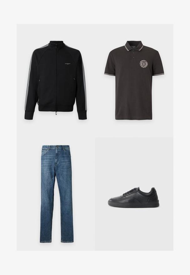 Zwarte zip-up jas met hoge kraag, grijze zijstrepen, twee met rits afgesloten zakken, textuurstof en minimale branding op de borst.; Zwarte polo met korte mouwen, drie knopen, witte biezen op de kraag en mouwen, en een ronde logo-patch op de linkerborst.; Donkerblauwe denim jeans, recht model, vijf-pocket stijl, zichtbare stiksels, en een klassieke knoopsluiting. Lichte wassingseffect op de stof.; Zwarte leren sneaker met een gladde afwerking, ronde neus, textuurpaneel aan de zijkant en zwarte veters. Voorzien van een platte rubberen zool en een minimalistisch ontwerp.