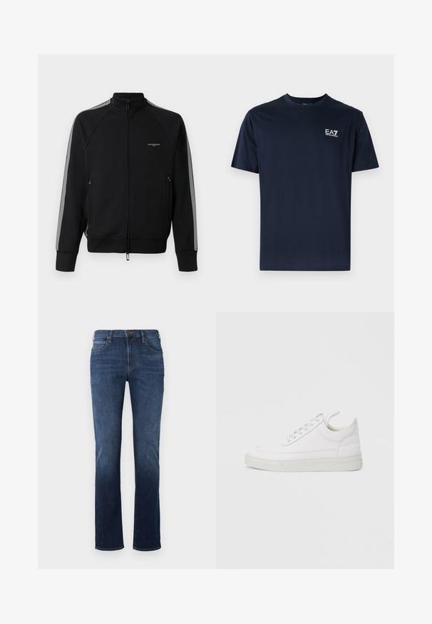Schwarze Zip-Jacke mit hohem Kragen, grauen Seitenstreifen, zwei Reißverschlusstaschen, strukturiertem Stoff und minimalem Branding auf der Brust.; Navyblaue Baumwoll-T-Shirt mit kurzen Ärmeln, Rundhalsausschnitt und EA7-Logo auf der oberen linken Seite in Weiß. Glatte Textur, lässiges Design.; Dunkelblaue Jeans mit geradem Bein, aus Denim gefertigt. Sie verfügen über ein klassisches Fünf-Taschen-Design, gestickte Nähte und einen Verschluss mit einem Knopf.; Weißer Ledersneaker mit abgerundetem Zehenbereich, flacher Sohle und Schnürverschluss. Verfügt über Nahtdetails und einen gepolsterten Kragen für zusätzlichen Komfort.