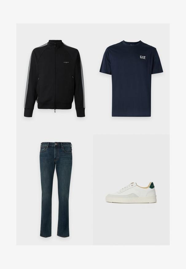 Schwarze Zip-Jacke mit hohem Kragen, grauen Seitenstreifen, zwei Reißverschlusstaschen, strukturiertem Stoff und minimalem Branding auf der Brust.; Navyblaue Baumwoll-T-Shirt mit kurzen Ärmeln, Rundhalsausschnitt und EA7-Logo auf der oberen linken Seite in Weiß. Glatte Textur, lässiges Design.; Dunkelblaue gerade geschnittene Jeans aus Denim mit Knopf- und Reißverschluss, vorderen und hinteren Taschen sowie dezentem Ausbleichen an den Oberschenkeln.; Weiße Sneaker mit Wildlederelementen, runder Zehenpartie, flachen Schnürsenkeln und einer cremefarbenen Gummisohle. Mit grünen Markenlogo am Fersenbereich.