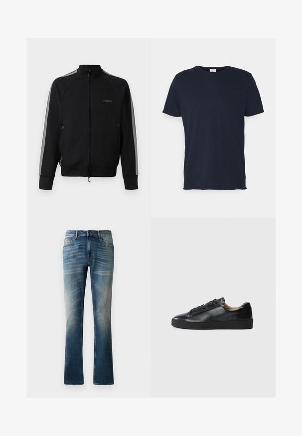 Veste à zip noir avec col montant, bandes latérales grises, deux poches zippées, tissu texturé et marquage minimal sur la poitrine.; T-shirt en coton bleu marine avec un col rond et des manches courtes, présentant une texture lisse et un design simple, sans motifs ni accents visibles.; Jean en denim bleu à coupe droite, avec un délavage, cinq poches et un bouton marron à la taille.; Baskets en cuir noir avec une texture lisse, bout rond et fermeture à lacets. Comprend une semelle en caoutchouc épaisse et un minimum de détails de marque.