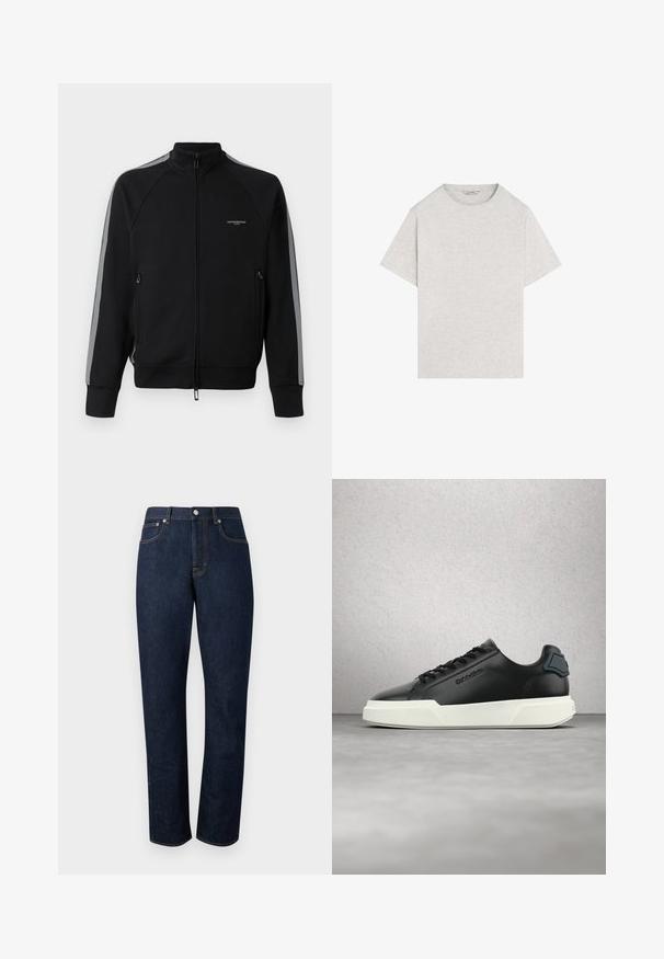 Mustat vetoketjulähetimet korkean kaulan kanssa, harmaat sivusuunnat, kaksi vetoketjullista taskua, tekstiilinen kangas ja minimaalinen brändäys rinnassa.; Vaaleanharmaa lyhythihainen crew neck -t-paita, jossa on hienovarainen tekstuuri, aseteltuna litteäksi valkoista taustaa vasten.; Tummansiniset suora-leikkaiset farkut, joissa on viiden taskun malli, etukappaleen napitus ja kontrastisaumat yksiväristä taustaa vasten.; Musta nahkainen tennari, jossa valkoinen pohja, mustat nauhat ja kohokuvioitu brändäys, esitetty kellumassa harmaan lattian yläpuolella lasiblokkiseinätaustan edessä.