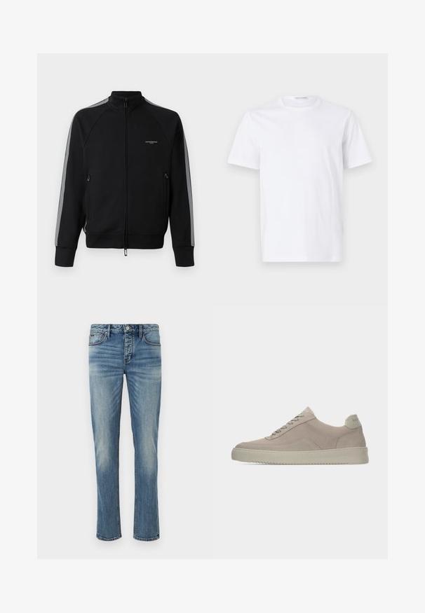 Sort hættejakke med lynlås og høj krave, grå side-striber, to lynlåslommer, tekstureret stof og minimal branding på brystet.; Hvid bomulds t-shirt med rund halsudskæring og korte ærmer. Glat tekstur, lige snit og minimalistisk design uden mønstre eller accenter.; Lyseblå denim jeans med lige ben, fem lomme-design, sølvknaplukning og let falming over hele stoffet.; Beige ruskindssneakers med en tekstureret finish, rund tå og tonale snørebånd. Har en tyk gummisål og diskret branding på hælen.