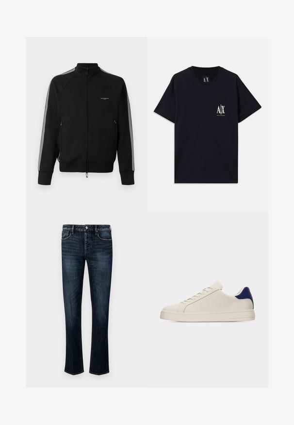 Schwarze Zip-Jacke mit hohem Kragen, grauen Seitenstreifen, zwei Reißverschlusstaschen, strukturiertem Stoff und minimalem Branding auf der Brust.; Schwarzes Baumwoll-T-Shirt mit kurzen Ärmeln, Rundhalsausschnitt und weißem Logo auf der linken Brust. Glatte Textur und lockere Passform.; Dunkelblaue Jeans aus Denim mit geradem Bein, fünf Taschenstil, sichtbaren Nähten sowie einem Knopf- und Reißverschluss.; Weißer Sneaker in niedriger Schnittform mit marineblauem Fersenlasche, Schnürverschluss und flacher Sohle, seitlich auf neutralem Hintergrund gezeigt.