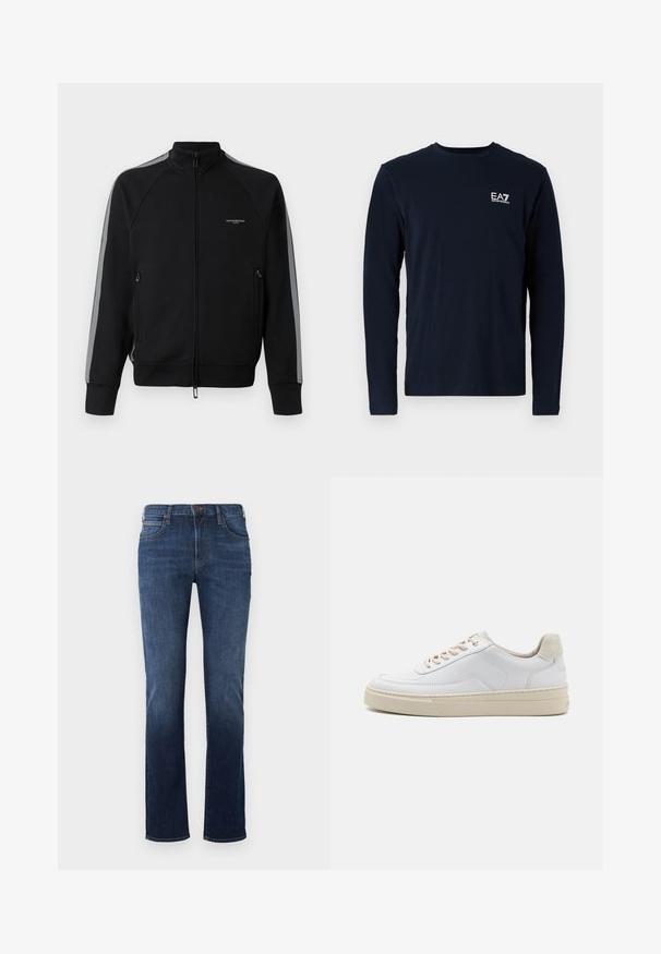 Zwarte zip-up jas met hoge kraag, grijze zijstrepen, twee met rits afgesloten zakken, textuurstof en minimale branding op de borst.; Marineblauw langemouw t-shirt van katoen, met een ronde hals en een klein wit EA7-logo op de linkerkant van de borst. Zachte textuur.; Donkerblauwe jeans met een rechte pasvorm, gemaakt van denim. Heeft een klassieke vijf-pocket ontwerp, gestikte naden en een sluiting met één knop.; Witte sneaker met een gevoerd leren bovenwerk, beige veters en een gestructureerde beige suede hieltab. Verhoogde zool voor extra hoogte.