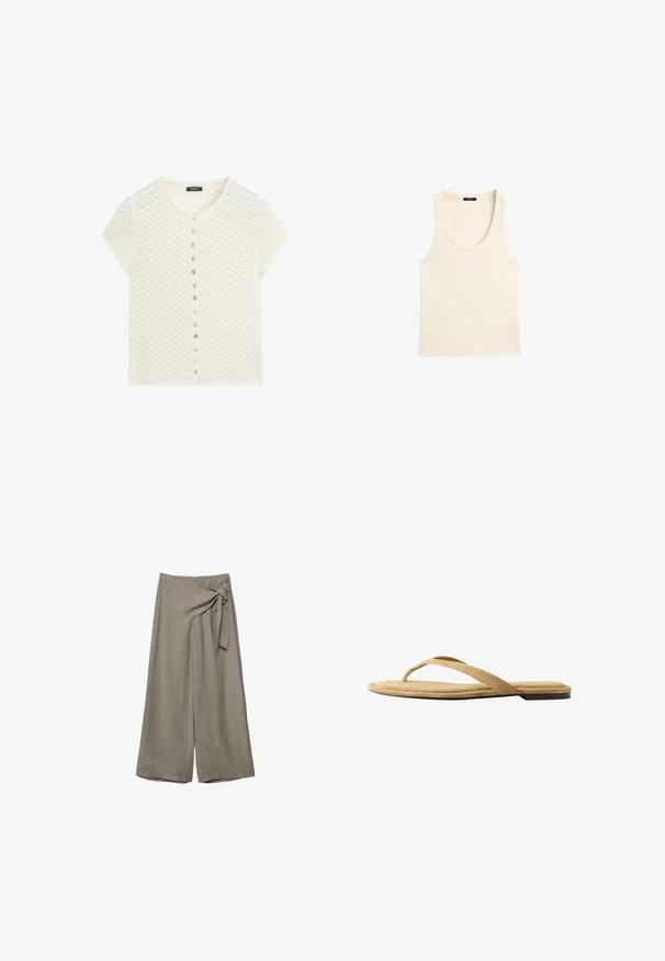 Wit kort mouw textuur gebreid vest met een ronde hals en een verticale rij kleine knopen aan de voorkant.; Mouwloos off-white geribbeld tanktopje met ronde hals en label aan de achterkant van de kraag, plat liggend op een witte achtergrond.; Taupekleurige wijde broek met een hoge taille en een stoffen strikdetail aan de rechterkant.; Beige suède teenslipper met een dunne band en een platte zool, zijaanzicht op een witte achtergrond.