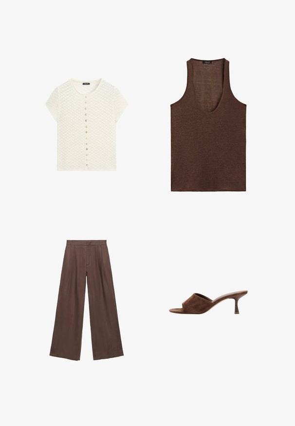Wit kort mouw textuur gebreid vest met een ronde hals en een verticale rij kleine knopen aan de voorkant.; Mouwloze bruine tanktop met diepe ronde hals, gemaakt van lichtgewicht stof, met een label van Massimo Dutti aan de binnenkant van de kraag.; Bruine broek met hoge taille en wijde pijpen, voorzien van riemlussen en voorplooien, gemaakt van lichtgewicht stof.; Bruine suède open-toe mule met een middelhoog, gebogen houten hak en slip-on ontwerp op een witte achtergrond.