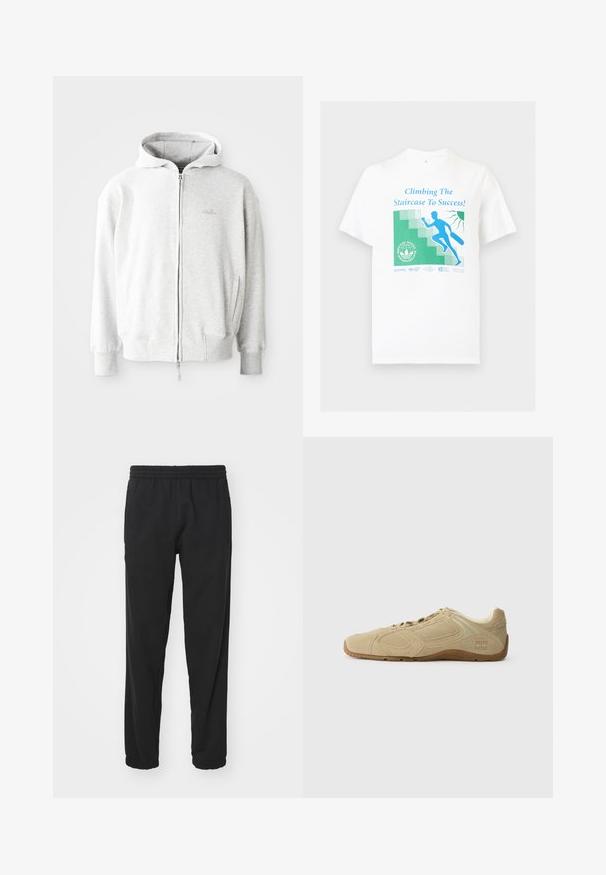 Lys grå zip-up hoodie med snor i hætten, ribbede manchetter og kant, samt et lille logo på brystet. Fremstillet af blødt bomuldsblandingstof.; Hvid T-shirt med blå grafik af en person, der klatrer op ad trapper med en attachémappe og teksten "Climbing The Staircase To Success!"; Sorte letvægts joggerbukser med elastisk talje, tætsiddende ben, samlede manchetter og sidelommer for øget funktionalitet.; Beige sportsko med en struktureret ruskinds-overdel, gummisål og minimalistiske designaccenter. Har elastiske snører og diskret logodetaljering.