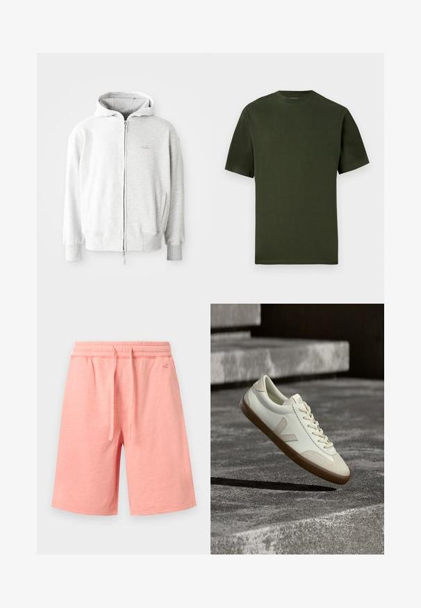 Lys grå zip-up hoodie med snor i hætten, ribbede manchetter og kant, samt et lille logo på brystet. Fremstillet af blødt bomuldsblandingstof.; Kaki grøn bomulds t-shirt med korte ærmer, rund halsudskæring og en glat tekstur. Enkel design uden synlige mønstre eller detaljer.; Lyserøde casual shorts til knæet med elastisk talje, snøre, sidelommer og lille logo på højre front.; Hvide læder sneakers med tanfarvet gummisål, flade snørebånd og V-formet detalje på siden. Har en glat overflade og minimale syninger.