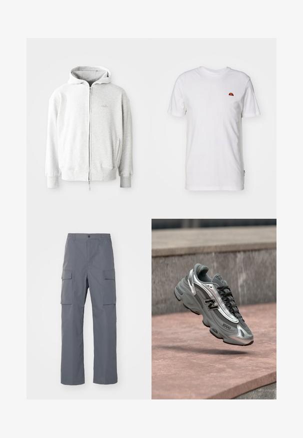 Hellgrauer Zip-Hoodie mit Kordelzugkapuze, gerippten Bündchen und Saum sowie einem kleinen Logo auf der Brust. Aus weichem Baumwollmix hergestellt.; Weißes Baumwoll-T-Shirt mit kurzen Ärmeln und Rundhalsausschnitt. Verfügt über ein kleines, farbenfrohes Logo auf der linken Brustseite. Weicher Stoff.; Grau Cargo-Hosen aus strapazierfähigem Stoff. Zu den Merkmalen gehören ein elastischer Bund, zwei große Seitentaschen und ein gerader Schnitt.; Grauer und silberner New Balance Sneaker mit der Aufschrift "1000", der über einer rosa-steinernen Oberfläche vor einem grauen Steinmauer-Hintergrund schwebt.