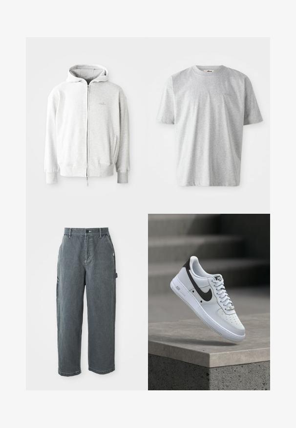 Lys grå zip-up hoodie med snor i hætten, ribbede manchetter og kant, samt et lille logo på brystet. Fremstillet af blødt bomuldsblandingstof.; Grå t-shirt med korte ærmer lavet af blødt stof. Har en rund halsudskæring og et diskret logo broderet på fronten.; Mørkegrå lige ben arbejdsbukser med bæltestropper, frontknap og lynlås, sidelommer og en hammerløkke på højre ben.; Hvid Nike Air Force 1 sneaker med sort swoosh-logo, svævende over en betonforkant med slørede trapper i baggrunden.