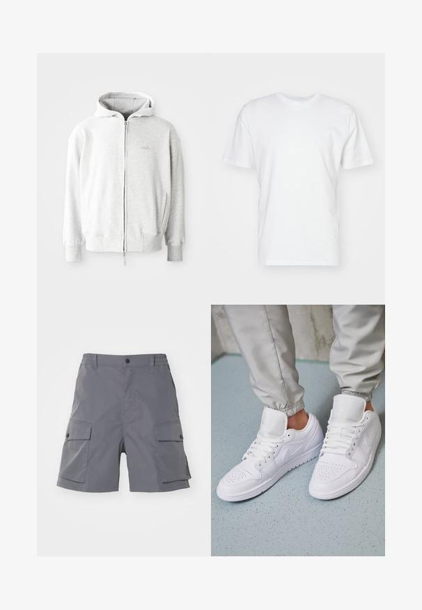 Hellgrauer Zip-Hoodie mit Kordelzugkapuze, gerippten Bündchen und Saum sowie einem kleinen Logo auf der Brust. Aus weichem Baumwollmix hergestellt.; Weißes Baumwoll-T-Shirt mit kurzen Ärmeln, Rundhalsausschnitt und glatter Textur. Einfaches Design ohne Muster oder Grafiken.; Carhartt WIP BALTO - Shorts - graphite; Weiße Ledersneaker mit perforierter Zehenbox, flachen Schnürsenkeln, gepolstertem Kragen und dem Jordan-Logo auf der Zunge. Getragen mit grauen Jogginghosen.