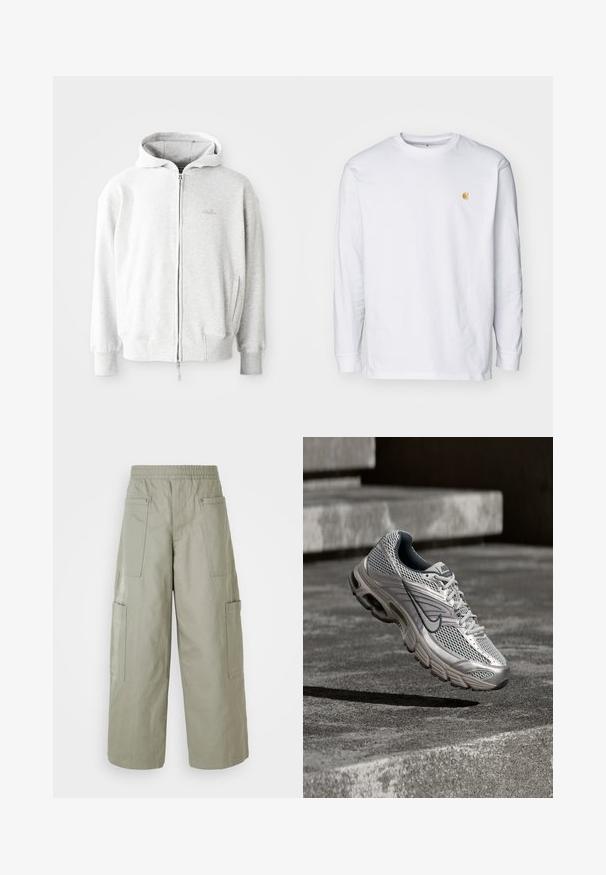 Haut de survêtement zippé gris clair avec capuche à cordon, poignets et ourlet côtelés, et un petit logo sur la poitrine. Fabriqué en tissu doux en mélange de coton.; T-shirt à manches longues blanc en coton. Présente un petit logo doré sur la poitrine et un col rond. Design simple et coupe standard.; Pantalons cargo amples de couleur olive avec une ceinture élastique, plusieurs poches et une texture lisse. Largeur réductible au niveau de l'ourlet.; Chaussure de course Nike argentée et grise suspendue en l'air au-dessus d'escaliers en béton, montrant une tige en mesh et des détails de semelle amortie.