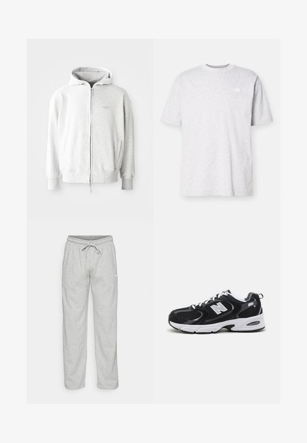 Lys grå zip-up hoodie med snor i hætten, ribbede manchetter og kant, samt et lille logo på brystet. Fremstillet af blødt bomuldsblandingstof.; Lys grå bomulds t-shirt med korte ærmer, rund halsudskæring og et lille hvidt logo på venstre bryst. Blød tekstur, afslappet pasform.; Lys grå sweatpants lavet af blødt stof. Har en elastisk talje med snøre og Nike-logo i sort på venstre lår.; Sorte og grå sportssko med mesh og ruskind på overdelen, der har en hvid mellemsål, snørebånd og et iøjnefaldende "N" logo på siden.