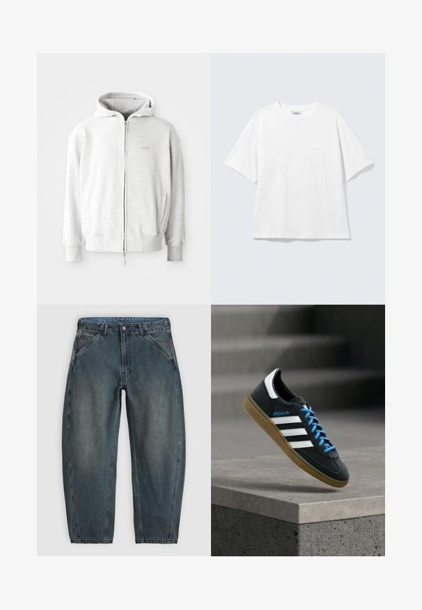 Hellgrauer Zip-Hoodie mit Kordelzugkapuze, gerippten Bündchen und Saum sowie einem kleinen Logo auf der Brust. Aus weichem Baumwollmix hergestellt.; Weißes oversized T-Shirt mit kurzen Ärmeln und Rundhalsausschnitt mit eingesetzten Schultern, flach auf hellgrauem Hintergrund.; Highwaist dunkelgraue Jeans aus Denim mit schrägen Vordertaschen, Knopfverschluss, Gürtelschlaufen und leicht zulaufenden Beinen.; Schwarzer Adidas-Sneaker mit weißen Streifen, blauen Schnürsenkeln und Gummisohle, der über einer grauen Betontreppe im weichen Licht schwebt.