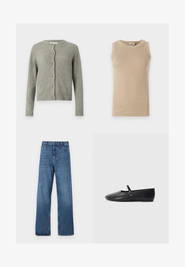 Cardigan gris en maille avec un col rond, des manches longues et une fermeture à boutons sur le devant. Il présente une texture douce ainsi que des poignets et un ourlet côtelés.; Top sans manches beige en tissu côtelé avec un col rond, présentant des coutures ton sur ton et un design ajusté.; Jean denim bleu taille haute avec une coupe large, présentant une texture lisse, des détails de couture minimaux et un style classique à cinq poches.; Ballerines noires en cuir avec un bout pointu, une semelle plate et une petite sangle avec un détail de boucle en argent.