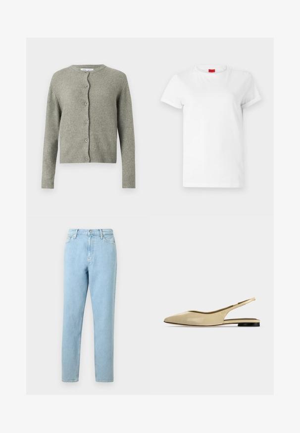 Cardigan gris en maille avec un col rond, des manches longues et une fermeture à boutons sur le devant. Il présente une texture douce ainsi que des poignets et un ourlet côtelés.; T-shirt blanc à manches courtes en coton léger. Présente un col rond et des manches retroussées. Étiquette logo rouge sur le col.; Jeans en denim bleu clair avec une coupe droite, design à cinq poches et fermeture à bouton. Présente un léger dégradé et une texture lisse.; Chaussure plate beige à bout pointu avec bride arrière, petit talon noir et finition en cuir lisse, vue de côté sur un fond uni.