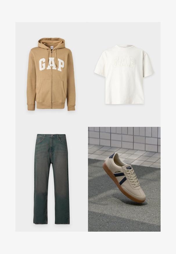 Beige Zip-Hoodie mit einer Vordertasche und weißen "GAP"-Logo. Aus weichem Stoff gefertigt, mit gerippten Bündchen und Saum.; Weißes T-Shirt mit kurzen Ärmeln und Rundhalsausschnitt mit eingeprägtem GAP-Logo auf der Vorderseite, präsentiert vor einem schlichten hellen Hintergrund.; Dunkelgrüne Jeans aus Denim mit geradem Bein, ausgestattet mit einem klassischen Fünf-Taschen-Design und kontrastierenden Nähten entlang der Nähte.; Beige Sneaker mit strukturierter Oberfläche, dunkelblauen Streifen und Gummisohle. Verfügt über eine gepolsterte Zunge und ein traditionelles Schnürsystem für einen sicheren Sitz.