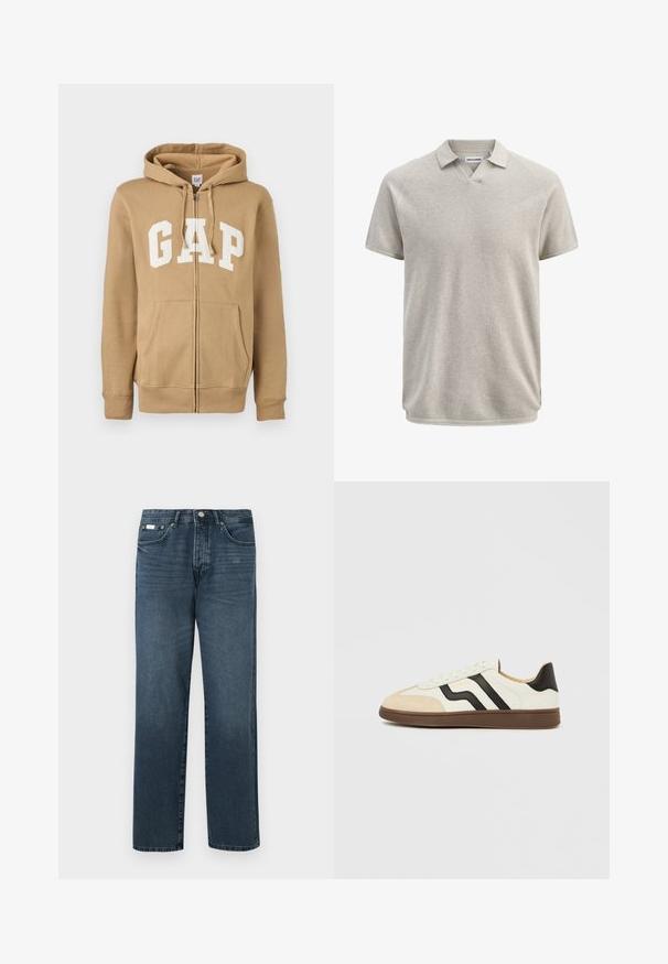 Tanskleurige zip-up hoodie met een voork pocket en wit "GAP" logo. Gemaakt van zacht materiaal met ribgebreide manchetten en onderrand.; Beige poloshirt met korte mouwen en structuur, voorzien van een kraag en een lichte V-hals, met het label Jack & Jones.; Donkerblauwe denim jeans met een rechte pasvorm, vijf zakken, riemlussen en een ritsgulp. Glad textuur met subtiele vervagingdetails.; Witte lederen sneaker met zwarte strepen en een lichtbruine suède neuskap. Rubberzool in donkerbruin. Veters en een gewatteerde kraag maken het ontwerp compleet.