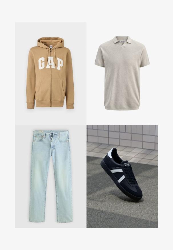 Beezip-up sweatshirt hele tan, millel on eesmine tasku ja valge "GAP" logo. Valmistatud pehmest kangast, millel on soonikust varrukad ja ääred.; Lühikeste varrukatega beež tekstuuriga polo-särk krae ja kergelt V-kaelusega ava, millel on silt Jack & Jones.; Heledad sinine teksad sirge lõikega, viie taskuga, nööpidega sulehõlmas ja kerge kulumisega. Omab õmblusdetailide ja vasknõeltega kaunistusi.; Must have musta sneaker musta valgete triipudega, tekstuurne kummitald ja nööridega esiosa. Omab bränditud märki keele peal.