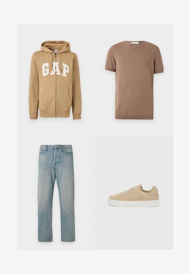 Beezip-up sweatshirt hele tan, millel on eesmine tasku ja valge "GAP" logo. Valmistatud pehmest kangast, millel on soonikust varrukad ja ääred.; Pruun lühikeste varrukatega kootud kampsun soonikkoes servade ja ümara kaelusega, valgel taustal eksponeeritud.; Heledsinine teksapüksid sirge sääre disainiga, millel on viis klassikalist taskut, nupusalitsemine ja kerge fading tekstuuri jaoks.; Beežist seemisnahast madalad tossud pitsidega ja valge kummist tallaga heleda halli tausta peal.