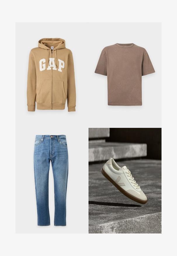 Tan zip-up hoodie med en frontlomme og hvid "GAP" logo. Fremstillet af blødt stof med ribbede manchetter og kant.; Enkelt brun kortærmet bomulds-T-shirt med rund hals og afslappet pasform vist mod en lys grå baggrund.; Blå straight-leg denim jeans med forreste knap, lynlås og fem-lommer design på ensfarvet baggrund.; Hvide læder sneakers med tanfarvet gummisål, flade snørebånd og V-formet detalje på siden. Har en glat overflade og minimale syninger.