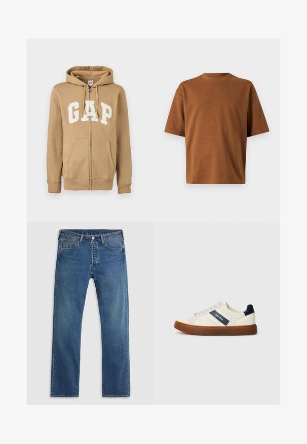 Beige Zip-Hoodie mit einer Vordertasche und weißen "GAP"-Logo. Aus weichem Stoff gefertigt, mit gerippten Bündchen und Saum.; Braunes T-Shirt mit kurzen Ärmeln und Rundhalsausschnitt, lockerer Passform und glatter Stoffstruktur, dargestellt vor einem einfarbigen hellgrauen Hintergrund.; Blaue geradlinige Jeans aus Denim mit fünf Taschen, Gürtelschlaufen sowie einem Verschluss mit Knopf und Reißverschluss auf einem schlichten Hintergrund.; Weiße Leder-Sneaker mit marineblauen Akzenten, ausgestattet mit einem marineblauen Logo-Streifen, grauen Schnürsenkeln und einer braunen Gummisohle. Minimalistisches Design.