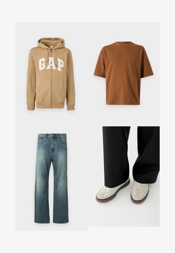 Tanskleurige zip-up hoodie met een voork pocket en wit "GAP" logo. Gemaakt van zacht materiaal met ribgebreide manchetten en onderrand.; Bruine t-shirt met korte mouwen en een ronde hals, losse pasvorm en gladde stoftextuur, getoond tegen een effen lichtgrijze achtergrond.; Lichtblauwe denim jeans met een rechte pijp, lichte vervaging, vijf zakken en riemlussen. Kenmerkt zich door stiksels en een knoopsluiting.; Voeten met beige sneakers met bruine zolen en zwarte wijde broekspijpen op een witte achtergrond.