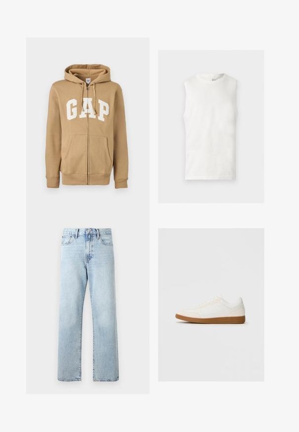 Sudadera con cremallera color beige con un bolsillo frontal y el logotipo "GAP" en blanco. Fabricada en un tejido suave con puños y dobladillo acanalados.; Camiseta de tirantes blanca con cuello redondo y pequeño logo de GAP en el interior del cuello trasero, colocada en plano sobre fondo claro.; Vaqueros de denim azul claro de talle alto y corte recto, con bolsillos delanteros, cierre de botones y trabillas para cinturón sobre un fondo liso.; Zapatilla blanca con una puntera de ante, parte superior sintética suave y suela de goma marrón. Presenta perforaciones en los laterales para mayor transpirabilidad.