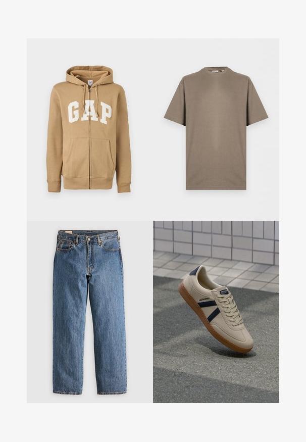 Hoodie zippé en tan avec une poche avant et un logo "GAP" blanc. Fabriqué en tissu doux avec des poignets et un ourlet côtelés.; T-shirt en coton taupe uni à manches courtes, col rond et coupe décontractée, présenté sur un fond blanc.; Jeans en denim bleu avec une coupe droite, présentant une taille haute, des rivets en cuivre et des coutures orange. Poches avant et arrière incluses.; Baskets beiges avec une finition texturée, bandes navy et semelle en caoutchouc. Équipées d'une languette rembourrée et d'un système de laçage traditionnel pour un maintien sécurisé.