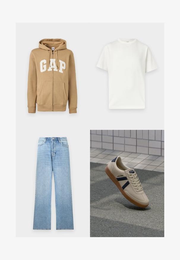 Beige Zip-Hoodie mit einer Vordertasche und weißen "GAP"-Logo. Aus weichem Stoff gefertigt, mit gerippten Bündchen und Saum.; Einfaches weißes T-Shirt mit kurzen Ärmeln und Rundhalsausschnitt, flach auf einem weißen Hintergrund dargestellt, mit einem sichtbaren GAP-Etikett im Kragen.; Hellblaue Jeans aus Denim mit geradem Bein, Verschluss mit oberem Knopf, fünf Taschen und ausgefransten Säumen.; Beige Sneaker mit strukturierter Oberfläche, dunkelblauen Streifen und Gummisohle. Verfügt über eine gepolsterte Zunge und ein traditionelles Schnürsystem für einen sicheren Sitz.