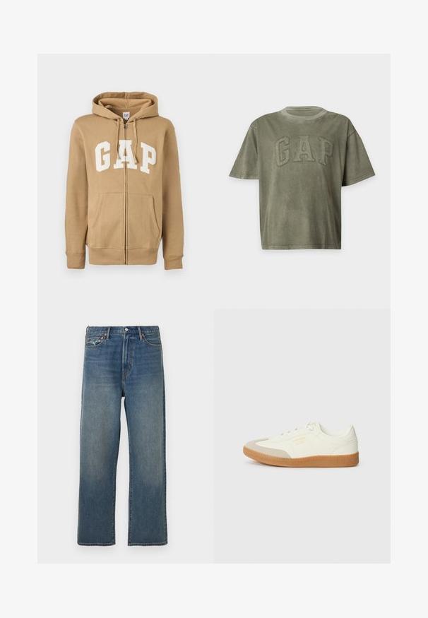 Tanskleurige zip-up hoodie met een voork pocket en wit "GAP" logo. Gemaakt van zacht materiaal met ribgebreide manchetten en onderrand.; Groen T-shirt met korte mouwen, ronde hals en verhoogde gestikte letters die GAP op de borst spellen.; Blauwe recht gesneden denim jeans met lichte vervaging, vijf zakken, riemlussen en een sluiting met een knop aan de voorkant.; Schoen gemaakt van wit leer met een beige teenkap en een lichtbruine rubberen zool. Voorzien van platte witte veters en reliëfbranding aan de zijkant.