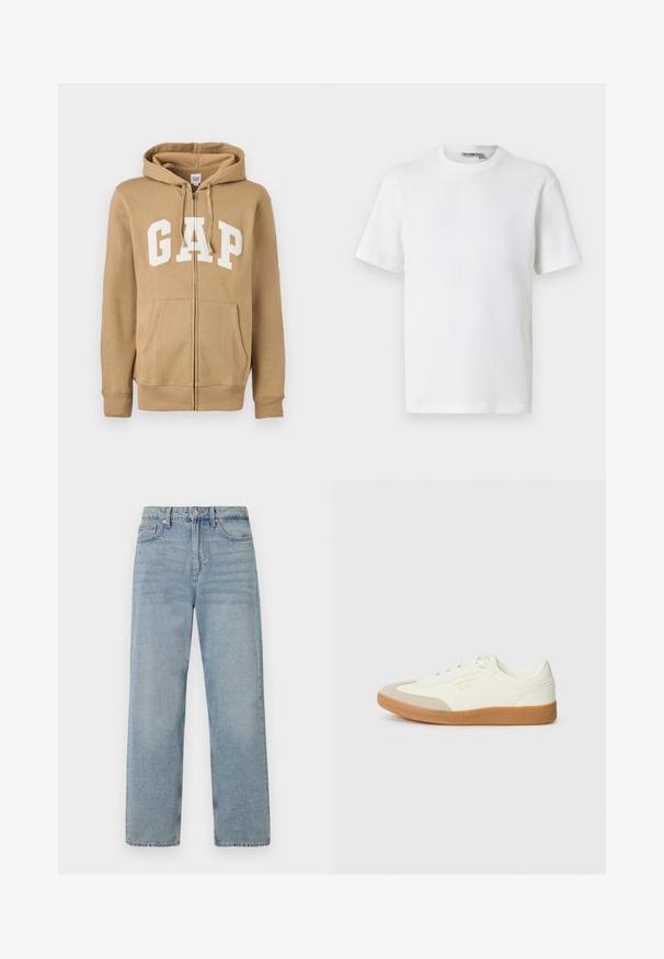 Tan zip-up hoodie med en frontlomme og hvid "GAP" logo. Fremstillet af blødt stof med ribbede manchetter og kant.; Hvid kortærmet t-shirt i vaffelmønster med rund hals og et lille mærke med brandnavn inde i kraven, vist på en ensfarvet baggrund.; Lys blå denim jeans med høj talje, lige ben-design, fem-lommes styling og subtil falming for et slidt udseende.; Sneaker lavet af hvid læder med en beige tåhætte og let brunt gummisål. Har flade hvide snørebånd og prægede branding på siden.