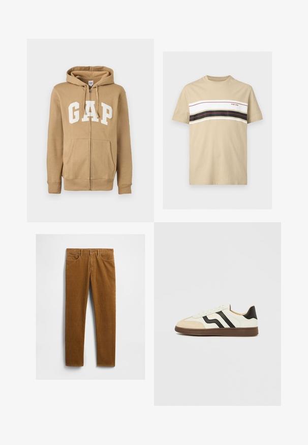 Sudadera con cremallera color beige con un bolsillo frontal y el logotipo "GAP" en blanco. Fabricada en un tejido suave con puños y dobladillo acanalados.; Camiseta beige de manga corta con rayas horizontales blancas, negras y rojas en el pecho y texto "PIER ONE" en el lado derecho.; Pantalones de pana marrón con diseño de pierna recta, que cuentan con cinco bolsillos y cierre de botón metálico en la cintura. Tejido texturizado.; Zapatilla deportiva de cuero blanco con rayas negras y puntera de ante marrón claro. Suela de goma en marrón oscuro. Cordones y cuello acolchado completan el diseño.