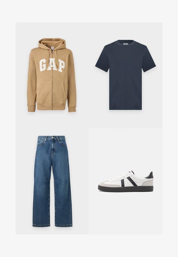Beige Zip-Hoodie mit einer Vordertasche und weißen "GAP"-Logo. Aus weichem Stoff gefertigt, mit gerippten Bündchen und Saum.; Marineblaue T-Shirt mit kurzen Ärmeln und Rundhalsausschnitt in lässiger Passform, präsentiert vor einem hellgrauen Hintergrund.; Blaue Jeans aus Denim mit entspannter Passform, geraden Beinen, sichtbarem Nähen und einem vorderen Knopfverschluss. Verfügt über eine Seitentasche mit einem Akzent.; Weiße Sneaker mit schwarz- und grau-aczenten, ausgestattet mit einer strukturierten grauen Zehenkappe, schwarzer Gummi-Sohle und flachen weißen Schnürsenkeln. Sauberes Design, minimalistische Stil.