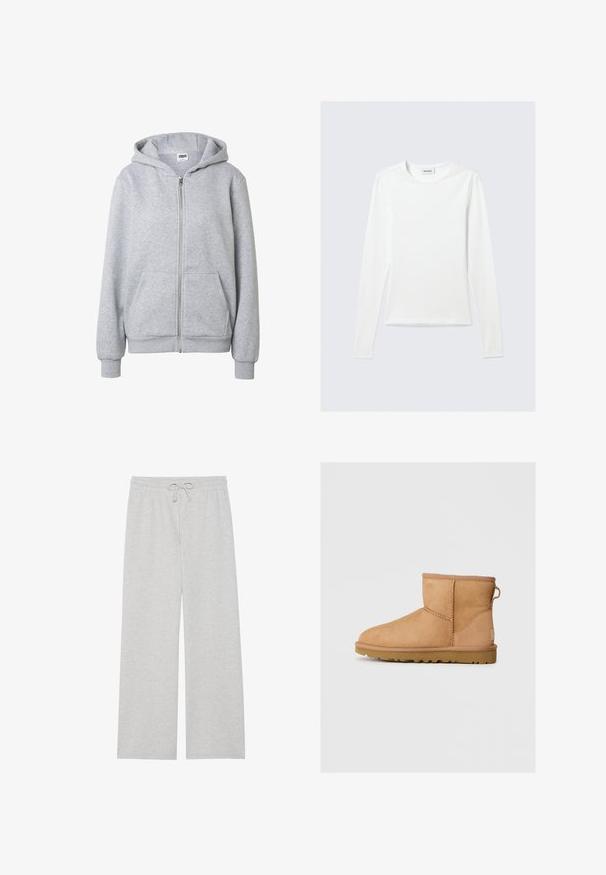 Sweat à capuche gris clair à fermeture éclair, avec poches avant, poignets côtelés et capuche, présenté sur un fond blanc uni.; T-shirt blanc uni à manches longues avec col rond et coupe slim, présenté sur un fond gris clair.; Pantalons de survêtement gris clair en mélange de coton doux, dotés d'une coupe large, d'une taille élastique avec cordon de serrage ajustable, et sans poches.; Bottines en suède beige avec bout rond, détails cousus, tirant à l'arrière et semelle en caoutchouc texturé. Conçues pour le confort et la chaleur.