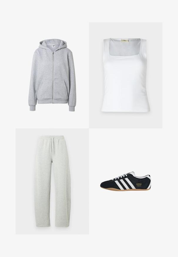 Sweat à capuche gris clair à fermeture éclair, avec poches avant, poignets côtelés et capuche, présenté sur un fond blanc uni.; Débardeur blanc à encolure carrée fabriqué en tissu lisse. Présente des bretelles larges et une silhouette ajustée. Aucune motif ou ornement visible.; Pantalon de survêtement gris clair avec une ceinture élastique et un cordon de serrage. Le tissu présente une texture douce et des jambes droites et amples.; Sneakers en suede noir avec trois bandes blanches, logo doré et semelle en caoutchouc marron. Présente un design à lacets à profil bas.