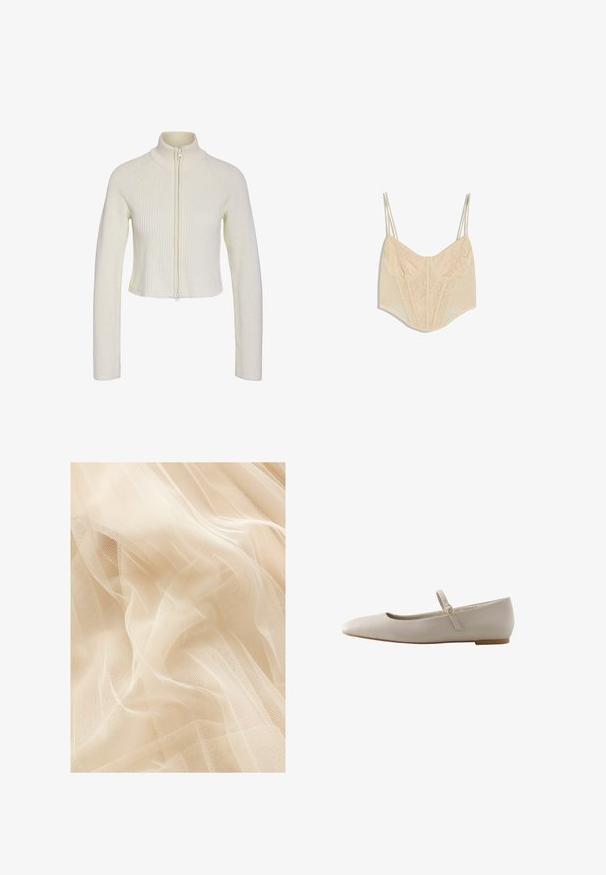 Korte cremede striktrøje med høj krave, fuld lynlås foran og ribbestrik. Har lange ærmer og en tætsiddende pasform.; Beige blonde crop top i korsettet-stil med tynde justerbare skulderstropper og indviklede blomsterprint på frontpanelet.; Lys beige tylstof med en blød, gennemsigtig tekstur, der har et fint netvæv, som skaber bløde bølger og folder.; Flad sko i cremefarve med spids tå og tynd justerbar rem med guldbeslag over vristen, set fra siden.