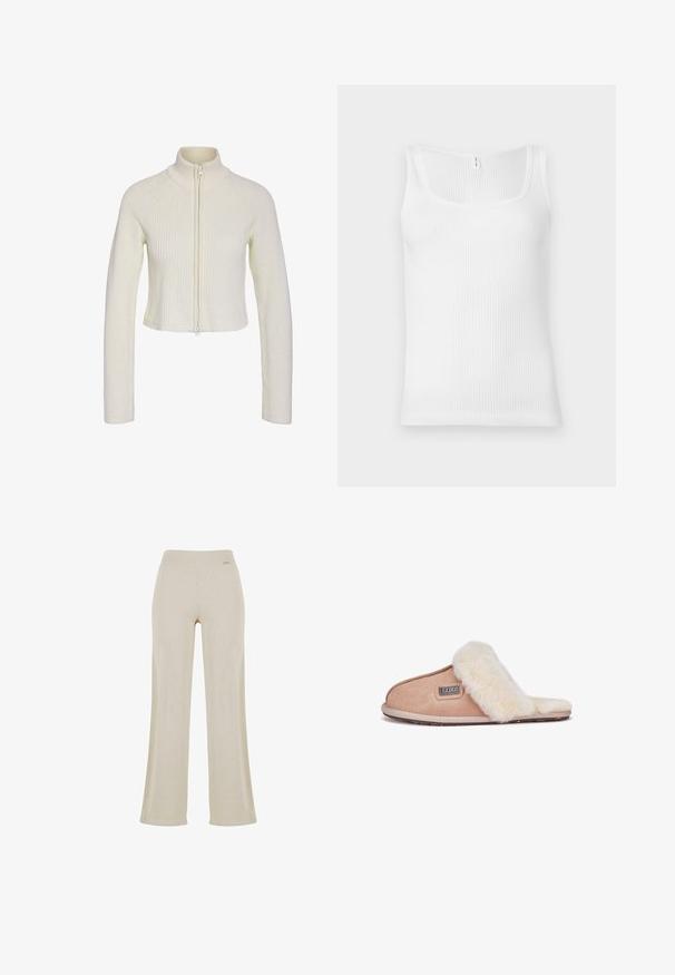 Sweater en tricot crème coupé, avec un col montant, une fermeture éclair sur le devant et une texture côtelée. Il a des manches longues et une coupe ajustée.; Débardeur blanc à côtes avec un décolleté rectangulaire et des bretelles larges. Le tissu présente une apparence texturée et extensible.; Pantalons larges beige avec une texture en ribbed lisse, taille élastique et sans ornements visibles, offrant une silhouette décontractée.; Chausson en daim beige avec une douce doublure en fourrure blanche, design à bout ouvert, semelle plate et une petite étiquette de marque sur le côté.