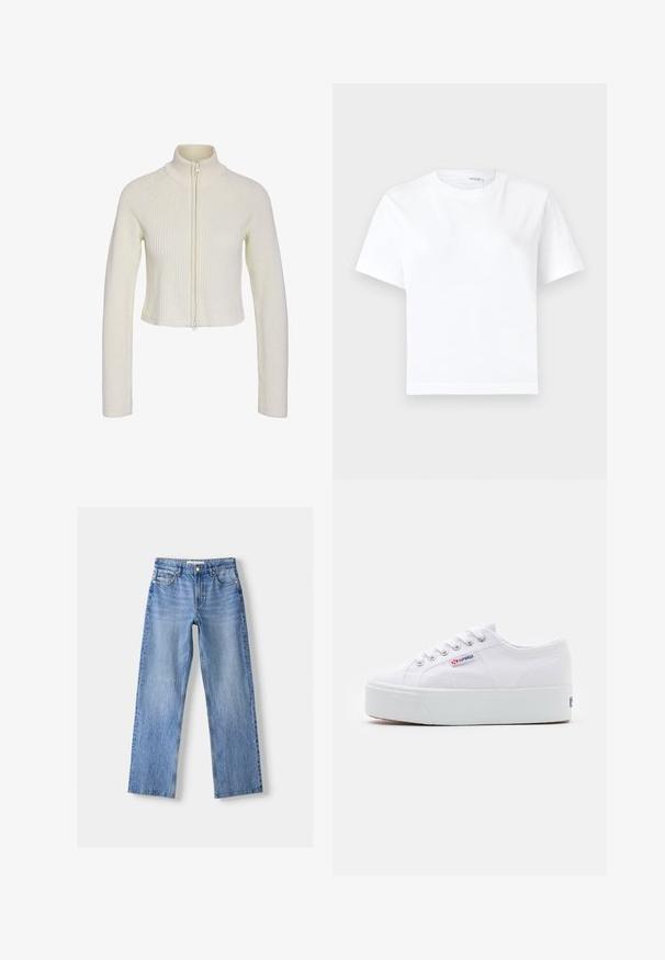 Sweater en tricot crème coupé, avec un col montant, une fermeture éclair sur le devant et une texture côtelée. Il a des manches longues et une coupe ajustée.; T-shirt blanc uni en coton à manches courtes, col rond et ourlet droit, présenté sur fond blanc.; Jean en denim bleu clair avec une coupe droite, comportant cinq poches, une fermeture à bouton sur le devant, et un léger délavage pour ajouter de la texture.; Baskets en toile blanches avec une épaisse semelle plateforme blanche, bout rond et œillets en métal pour les lacets. Logo de la marque affiché sur le côté.